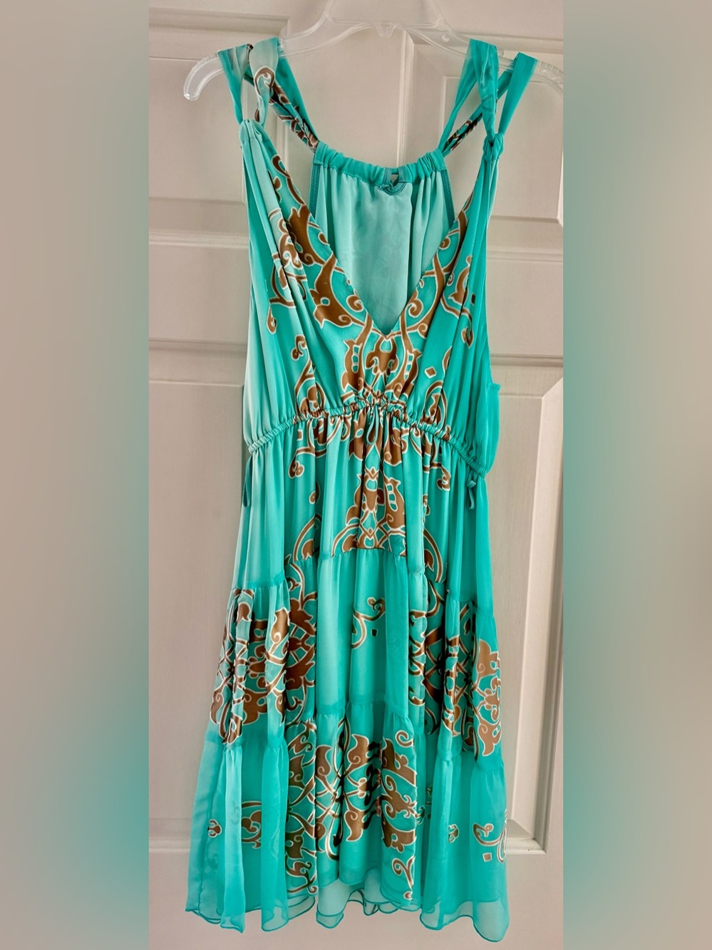 Teal & Brown Printed V-Neck Mini Dress